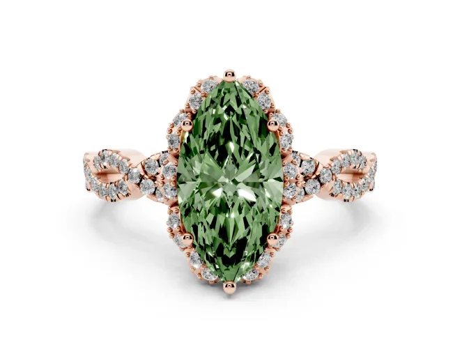 Marquise Milgrain Halo Engagement Ring Setting for a Fancy Green Lab-Grown Diamond | Graduated Shoulders | Rose Gold