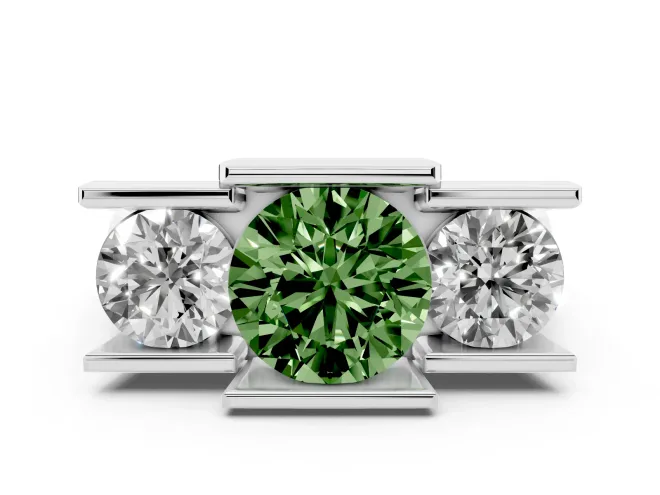 Round Channel-Set Three Stone Engagement Ring Setting for a Fancy Green Lab-Grown Diamond | Wide Flat Band | White Gold