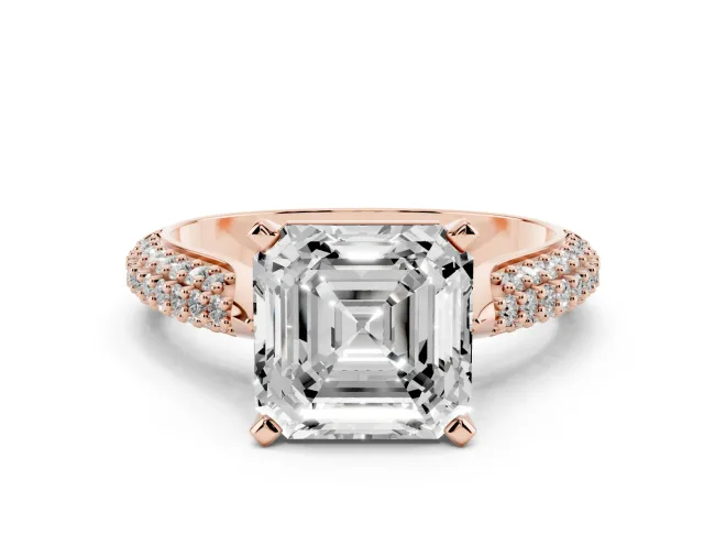 Asscher Cut Diamond Solitaire Engagement Ring Set in Rose gold with Multi-Row Round Pavé Band and Prong Setting