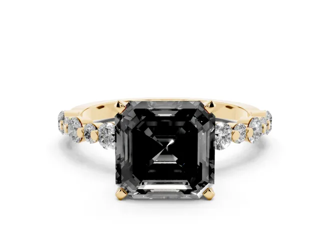 Fancy Black Asscher Cut Diamond Prong Set Engagement Ring Set in Yellow gold with Round Accent Pavé Band