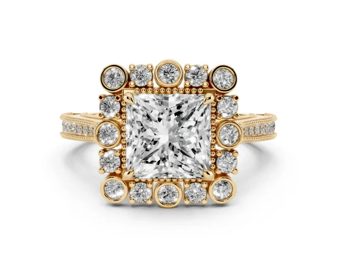 Princess Cut Diamond Halo Milgrain Pavé Ring Set in Yellow gold with Prong Setting