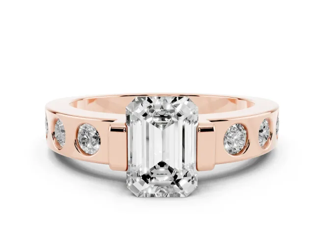 Emerald Cut Diamond Channel-Set Band Ring Set in Rose gold with Bezel Prong Setting