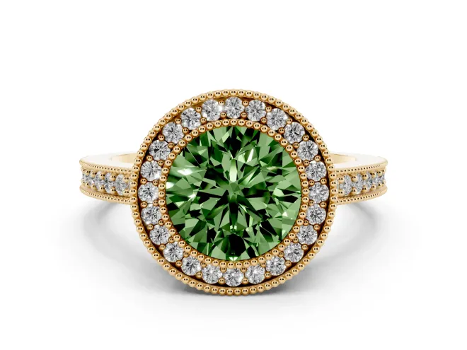 Fancy Green Round Cut Diamond Halo Engagement Ring Set in Yellow gold with Pavé Band and Round Halo Stones