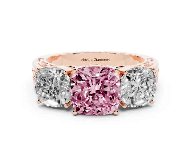 Fancy Pink Cushion Cut Diamond Three-Stone Ring Set in Rose gold with Textured Band