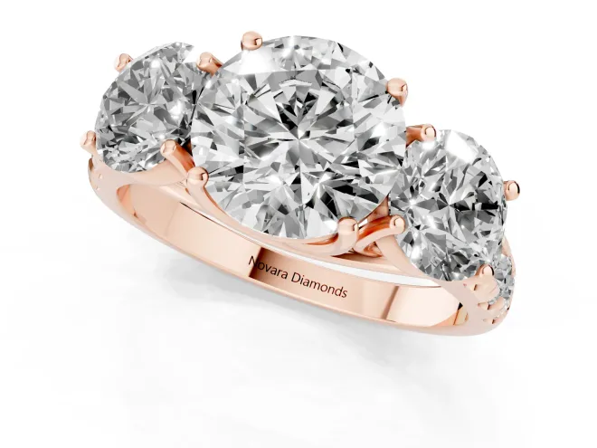 Round Cut Diamond Three-Stone Ring Set in Rose gold with Pavé Band – second view