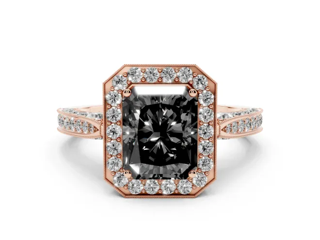 Radiant Cut Milgrain Halo Engagement Ring Setting for a Black Center | Side Stones | Rose Gold