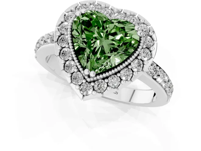 Fancy Green Heart Cut Diamond Halo Ring Set in Platinum with Pavé Shank and Prong Setting – second view