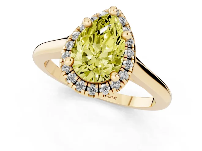 Fancy Yellow Pear Cut Diamond Halo Engagement Ring Set in Yellow gold with Pavé Band and Rising Shoulders – second view