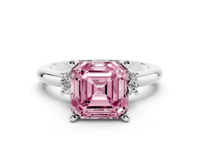 Asscher Cut Three Stone Engagement Ring Setting for a Fancy Pink Lab-Grown Diamond | Round Side Stones | Platinum