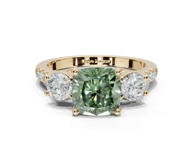 Cushion Cut Three-Stone Engagement Ring Setting for a Fancy Green Lab-Grown Diamond | Yellow Gold