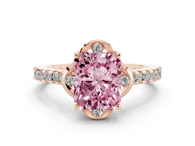 Fancy Pink Radiant Cut Diamond Solitaire Ring Set in Rose gold with Pavé Band and Floral Prong Setting