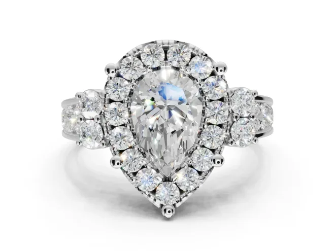 Pear-Shaped Halo Side Cluster Engagement Ring Setting | Graduated Channel Band | White Gold