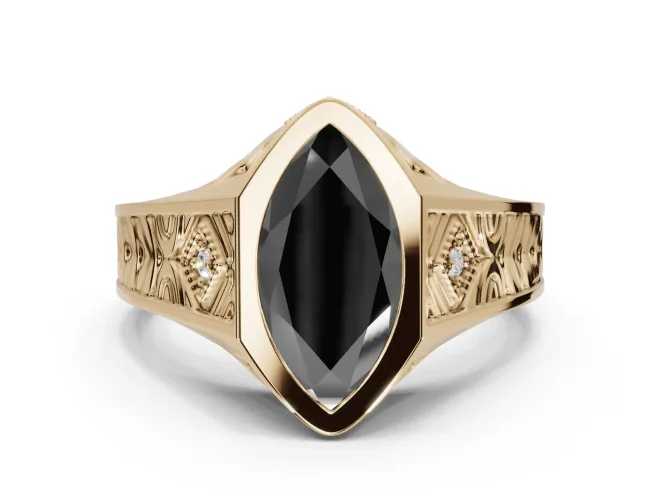 Marquise Vintage Bezel Engagement Ring Setting for a Black Center | Engraved Band | Yellow Gold