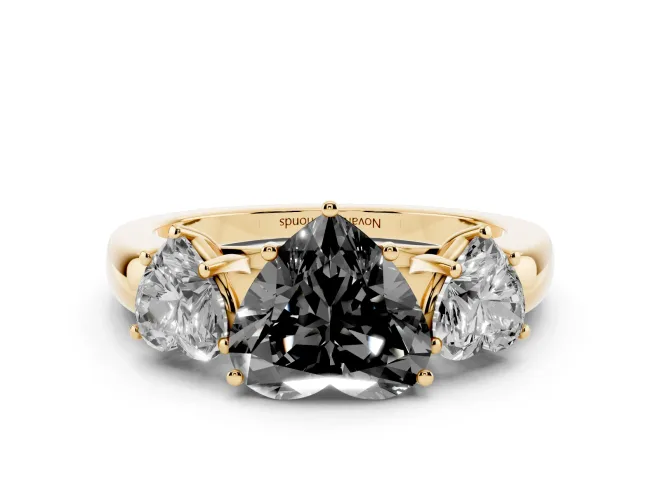 Heart-Shaped Three Stone Engagement Ring Setting for a Black Center | Matching Side Stones | Yellow Gold