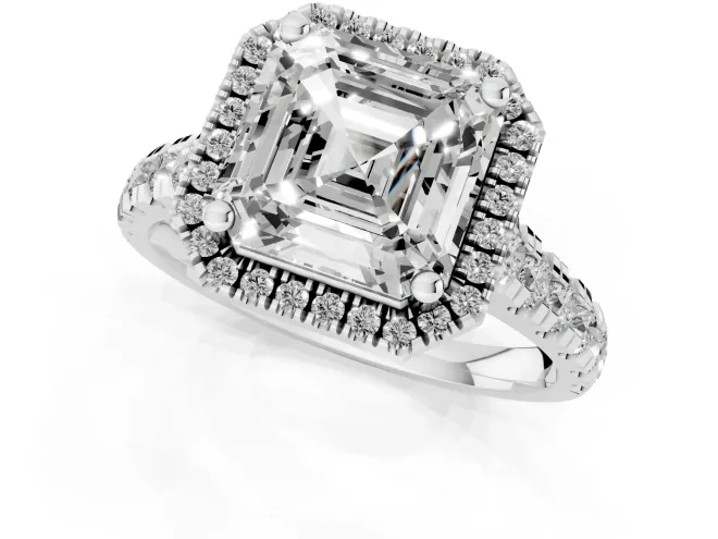 Asscher Cut Diamond Halo Engagement Ring Set in Silver with Pavé Band and Prong-Set Center – second view