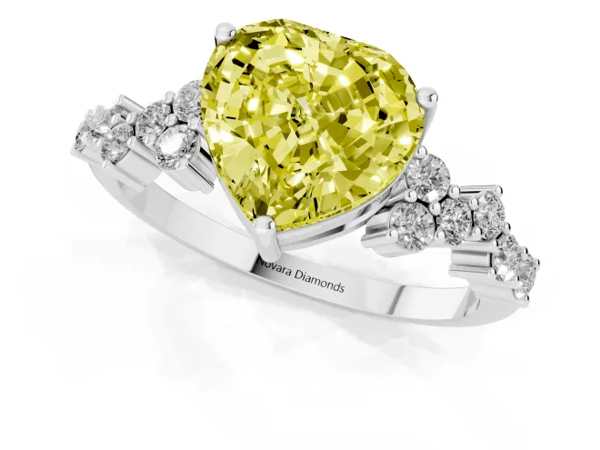 Fancy Yellow Heart Cut Diamond Ring Set in Platinum with Scattered Round Accents – second view
