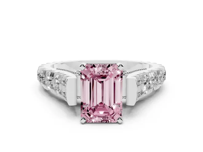Emerald Cut Graduated Cathedral Engagement Ring Setting for a Fancy Pink Lab-Grown Diamond | Side Stones | White Gold