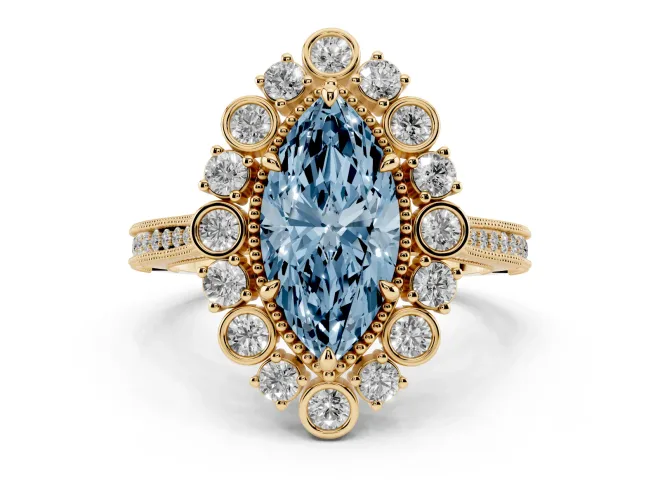 Marquise Scalloped Halo Engagement Ring Setting for a Fancy Blue Lab-Grown Diamond | Milgrain Edges | Yellow Gold