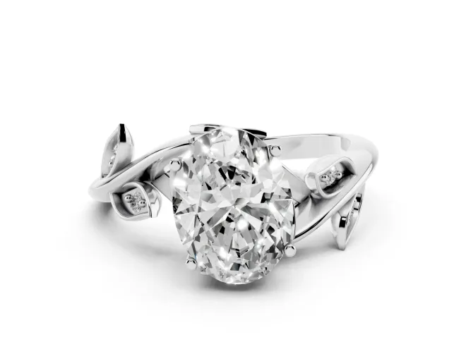 Oval Cut Diamond Solitaire Twist Engagement Ring Set in Silver with Pavé Leaf Accents