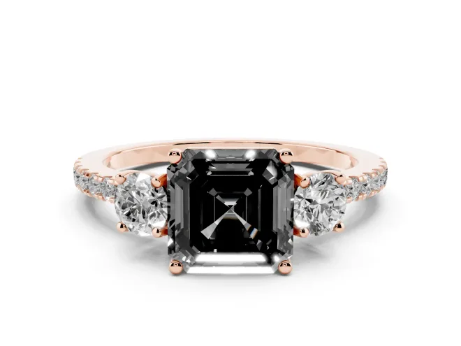 Asscher Cut Three Stone Engagement Ring Setting for a Black Center | Pavé Shoulders | Rose Gold