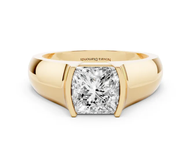Princess Cut Diamond Bezel Solitaire Ring Set in Yellow gold with Wide Band