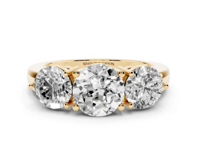 Round Cut Diamond Three-Stone Ring Set in Yellow gold with Prong Setting and Plain Band