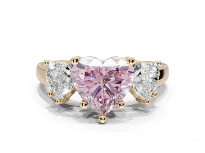 Heart-Shaped Three Stone Engagement Ring Setting for a Fancy Pink Lab-Grown Diamond | Tapered Band | Yellow Gold