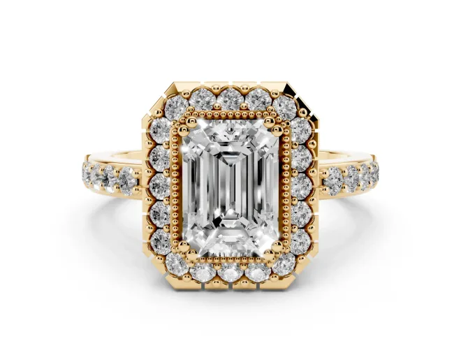 Emerald Cut Diamond Halo Ring Set in Yellow gold with Pavé Shank and Prong Setting