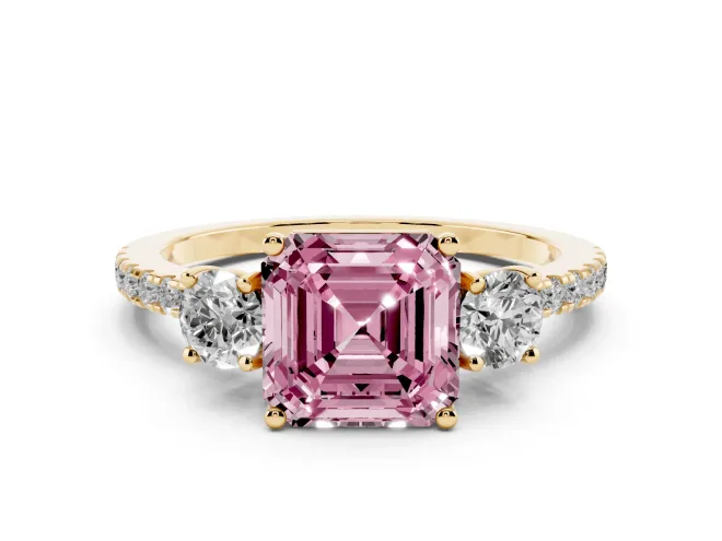Asscher Cut Three Stone Engagement Ring Setting for a Fancy Pink Lab-Grown Diamond | Pavé Shoulders | Yellow Gold
