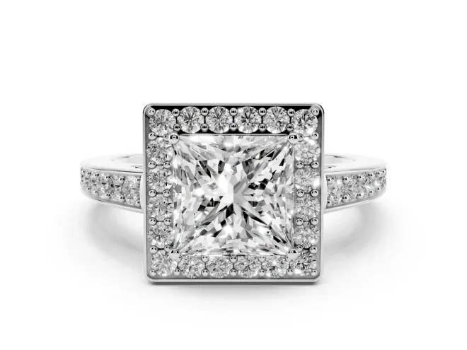 Princess Cut Diamond Halo Pavé Engagement Ring Set in Platinum with Bezel Setting