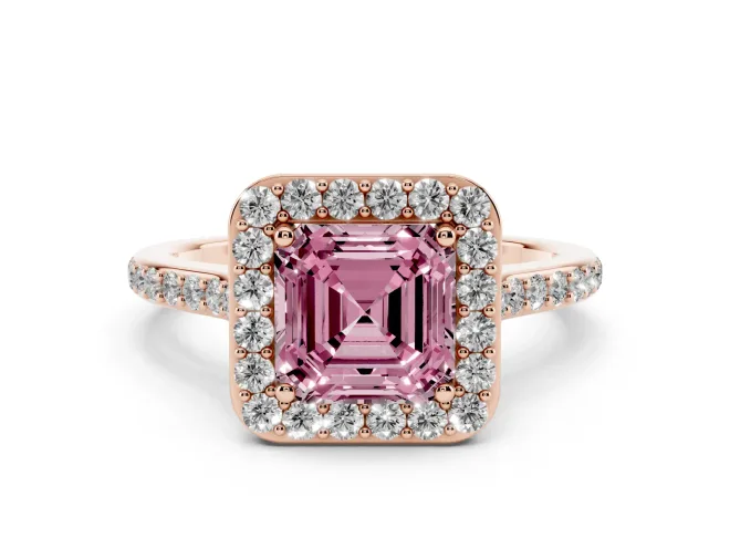 Fancy Pink Asscher Cut Diamond Halo Engagement Ring Set in Rose gold with Round Pavé Shoulders and Heart Gallery