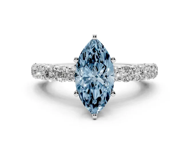 Fancy Blue Marquise Cut Diamond Solitaire Ring Set in White gold with Shared Prong Pavé Band