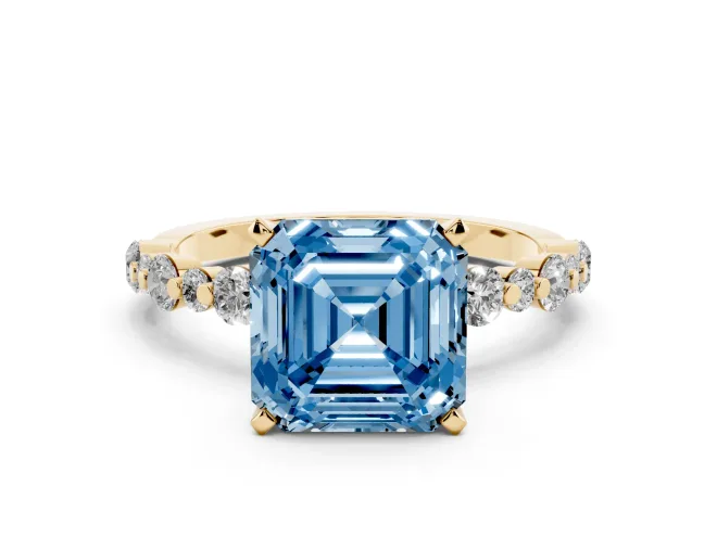 Fancy Blue Asscher Cut Diamond Prong Set Engagement Ring Set in Yellow gold with Round Accent Pavé Band