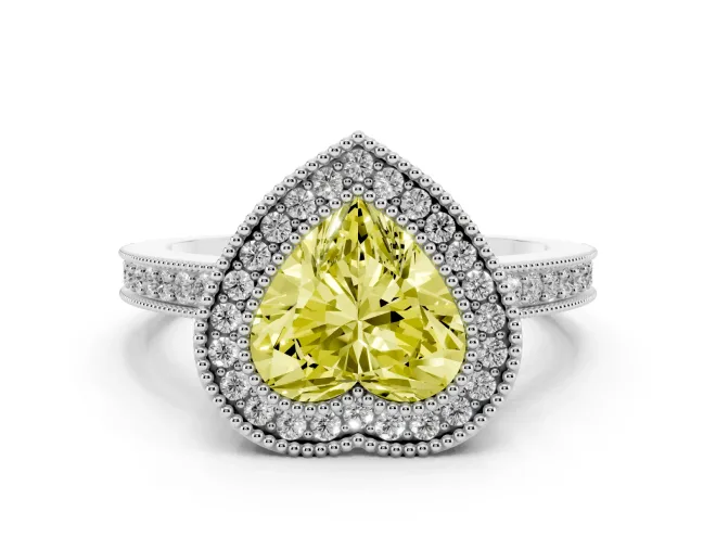 Fancy Yellow Heart Cut Diamond Round Halo Ring Set in White gold with Pavé Band