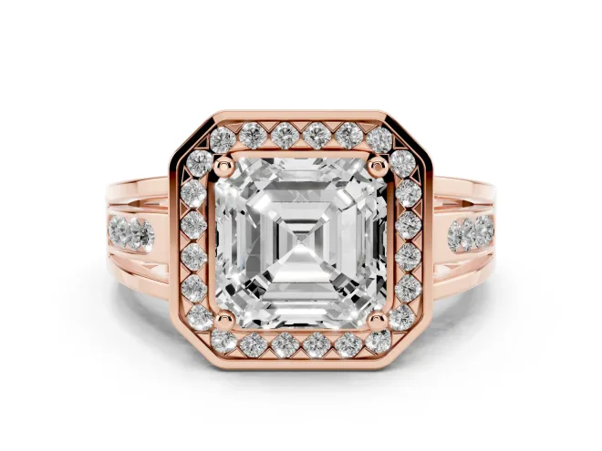 Asscher Cut Diamond Halo Ring Set in Rose gold with Pavé and Bezel Accent Split Shank