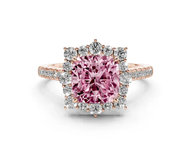 Cushion Cut Scalloped Halo Engagement Ring Setting for a Fancy Pink Lab-Grown Diamond | Single Row Pavé | Rose Gold