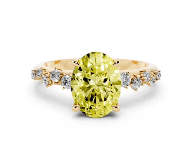 Fancy Yellow Oval Cut Diamond Solitaire Vine Band Ring Set in Yellow gold with Round Accents and Prong Setting