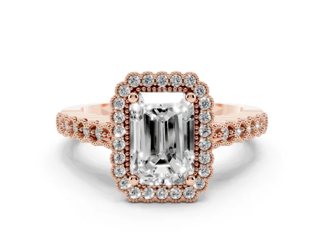 Radiant Cut Vintage Milgrain Halo Engagement Ring Setting | Beaded Pavé Shoulders | Rose Gold