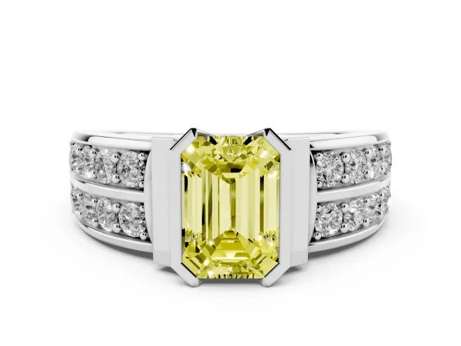 Emerald Cut Half Bezel Engagement Ring Setting for a Fancy Yellow Lab-Grown Diamond | Channel Band | Sterling Silver