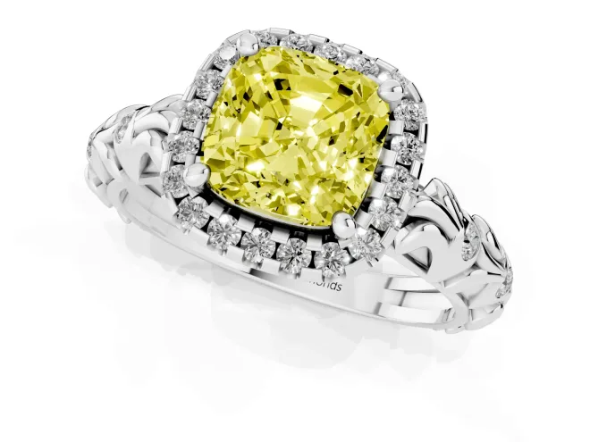 Fancy Yellow Cushion Cut Diamond Halo Ring Set in Platinum with Filigree Leaf Band and Prong Setting – second view
