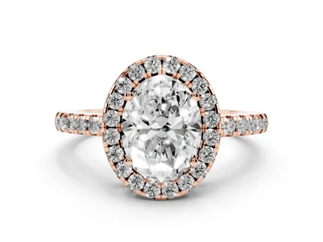 Oval Cut Diamond Pavé Band Halo Engagement Ring Set in Rose gold with Prong Setting