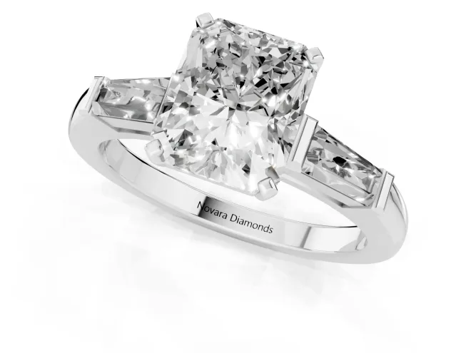Radiant Cut Diamond Solitaire Ring Set in Silver with Tapered Baguette Side Stones and Prong Setting – second view
