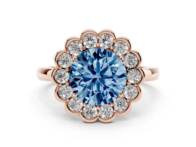 Round Scalloped Cluster Halo Engagement Ring Setting for a Fancy Blue Lab-Grown Diamond | Plain Band | Rose Gold