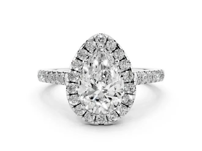 Pear Cut Diamond Halo Pavé Engagement Ring Set in Platinum with Prong Setting