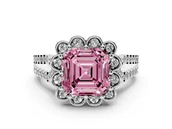 Asscher Cut Floral Halo Engagement Ring Setting for a Fancy Pink Lab-Grown Diamond | Pavé Split Shank | White Gold