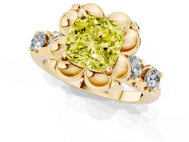 Fancy Yellow Cushion Cut Diamond Floral Halo Ring Set in Yellow gold with Shared Prong Band – second view