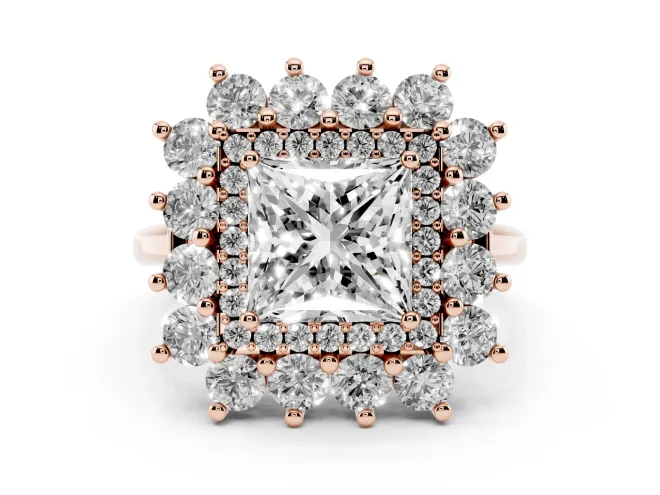 Princess Cut Diamond Floral Double Halo Ring Set in Rose gold with Round Petals