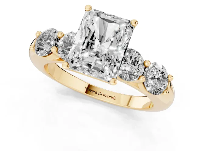 Radiant Cut Diamond Five-Stone Prong Set Ring Set in Yellow gold with Classic Band – second view