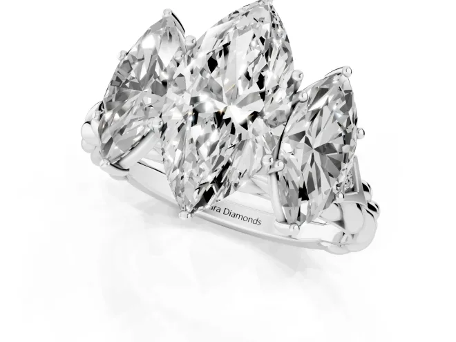 Marquise Cut Diamond Three-Stone Ring Set in White gold with Braided Band – second view