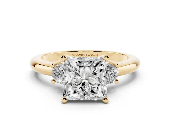 Princess Cut Three Stone Engagement Ring Setting | Round Side Stones | Yellow Gold